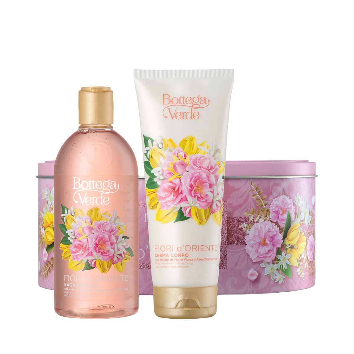 Set cadou ingrijire corp, cu extract de trandafir si ylang ylang, in cutie metalica