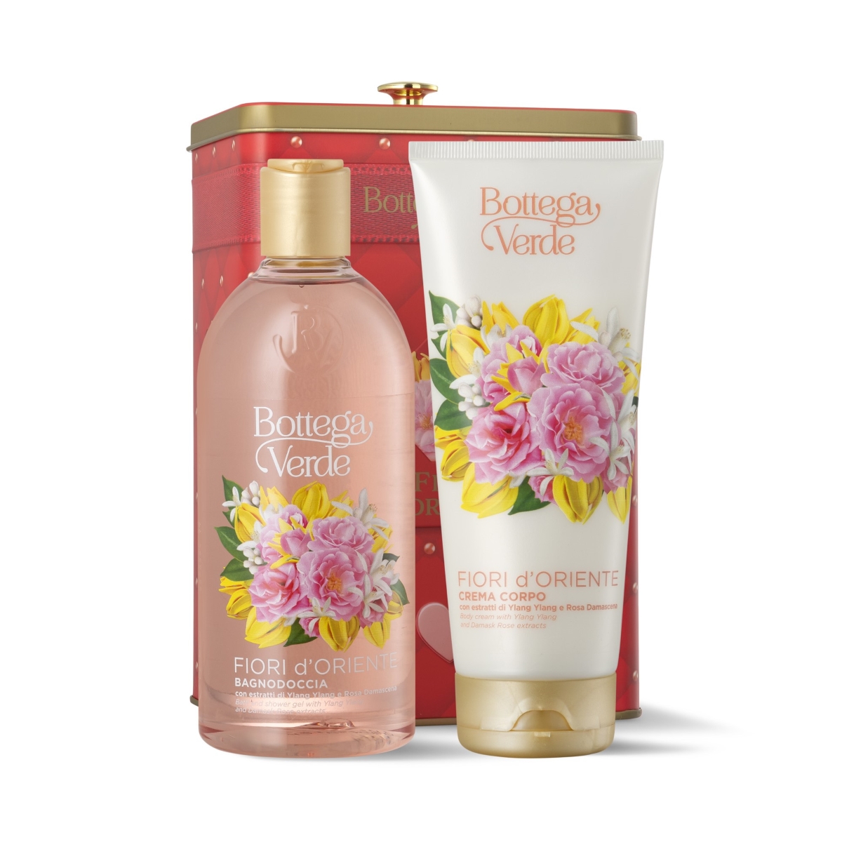 Set cadou ingrijire corp cu extract de trandafir si Ylang Ylang, in cutie metalica