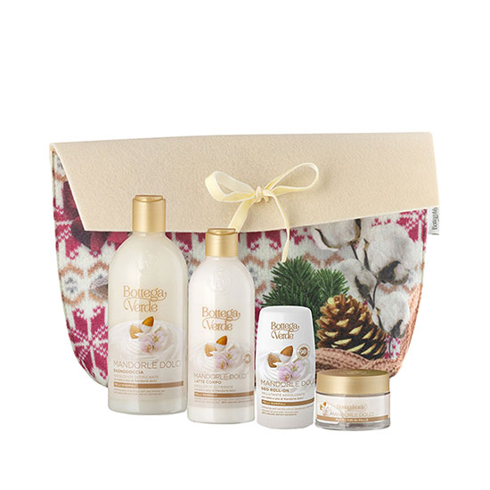 Set cadou femei, ingrijire corp, cu aroma delicata de migdale dulci, in ambalaj textil cu motive festive, 2x250 ML, 2x50 ML