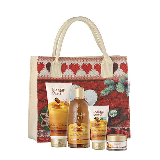Set cadou festiv, hidratare completa corp, cu extract de ulei de argan, ambalaj textil, 200 ML, 400 ML, 50 ML, 75 ML