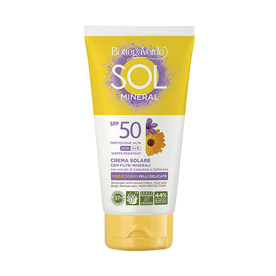 Crema cu protectie solara, pentru pielea delicata, cu extract de galbenele si sofran - Sol Mineral, 120 ML